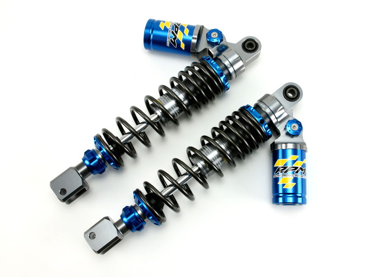 RPM CYGNUSX(シグナスＸ）,GTR125用 ピギーバックリザーバータンク付 伸/縮両効きアジャスタブルリアサスペンションセット 320㎜ ブルー 0101-001320-LD02A